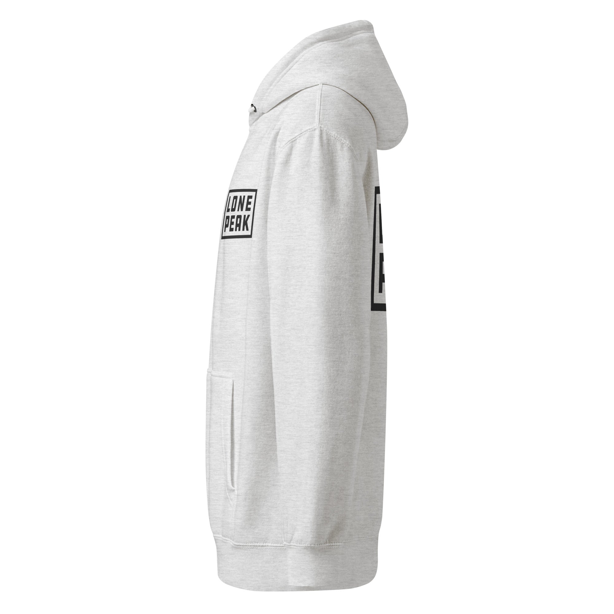 Premium Mid-Weight Hoodie (heather) — alternate product view; dyed-to-match drawcords