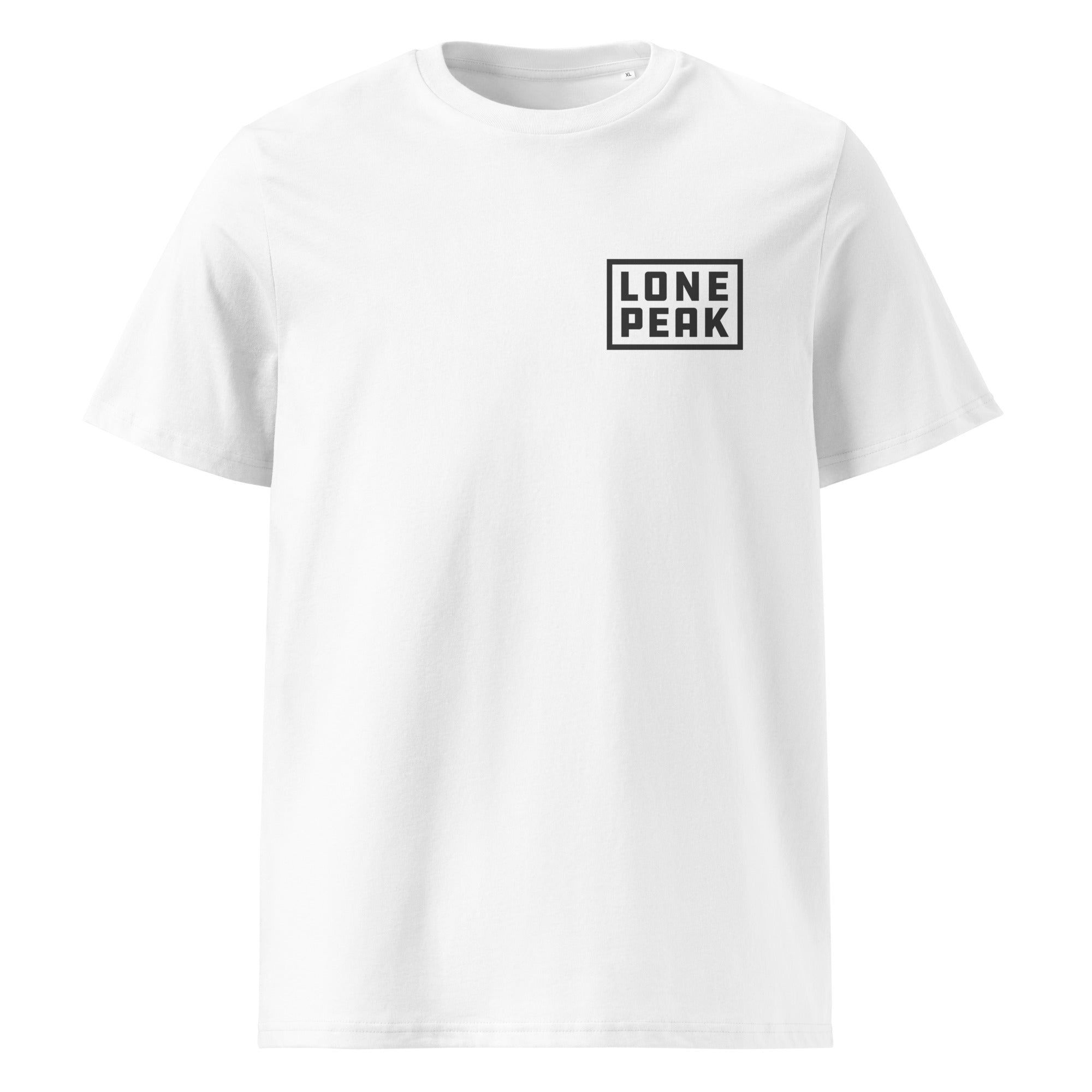 Lone Peak Overland Organic Cotton T-Shirt (white) — Lone Peak Overland branded merch in white; 100% GOTS-certified organic ring-spun cotton