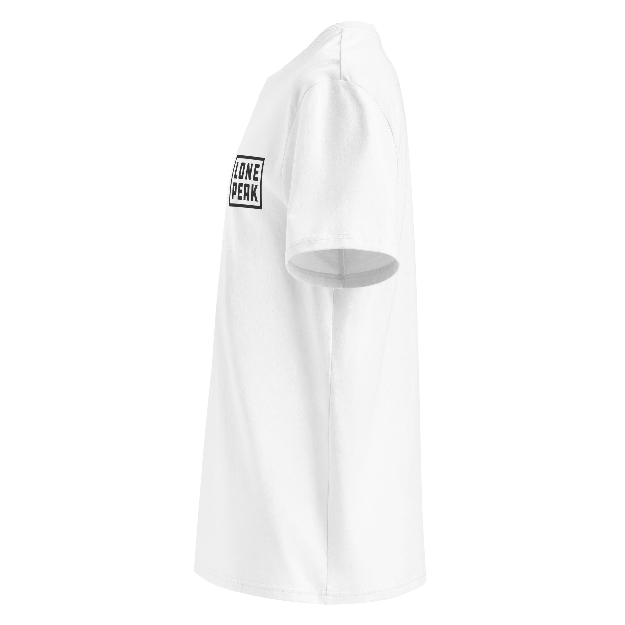 Lone Peak Overland Organic Cotton T-Shirt (white) — side angle; OEKO-TEX certified