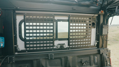 Side Door MOLLE Panel — MOLLE panel (15.5 x 14 x 4 inch) for the Camper V2 side doors with T-slot mount; fits up to two panels per door, accepts optional Stash Bags