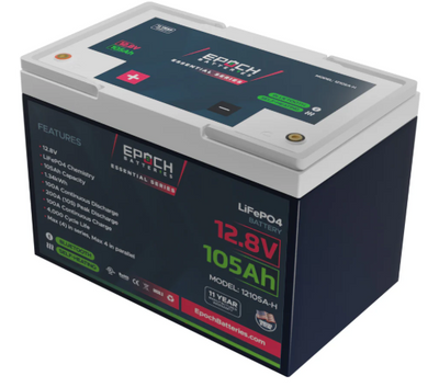 105Ah LiFePO4 Battery — deep-cycle LiFePO4 battery with built-in heating for the Lone Peak Camper V2; 3500-plus cycle life, sub-zero charge heating