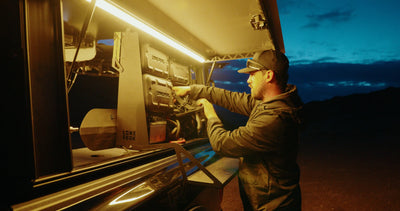 Side Lights — LED side lights built into the Lone Peak Camper V2 side door extrusions; exterior light when door is open, interior light when door is closed