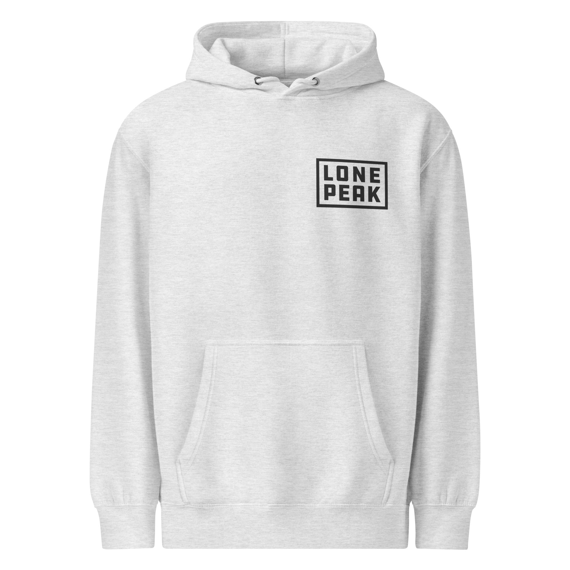 Premium Mid-Weight Hoodie (heather) — Lone Peak Overland branded merch in heather grey or white; 80% cotton 20% recycled polyester