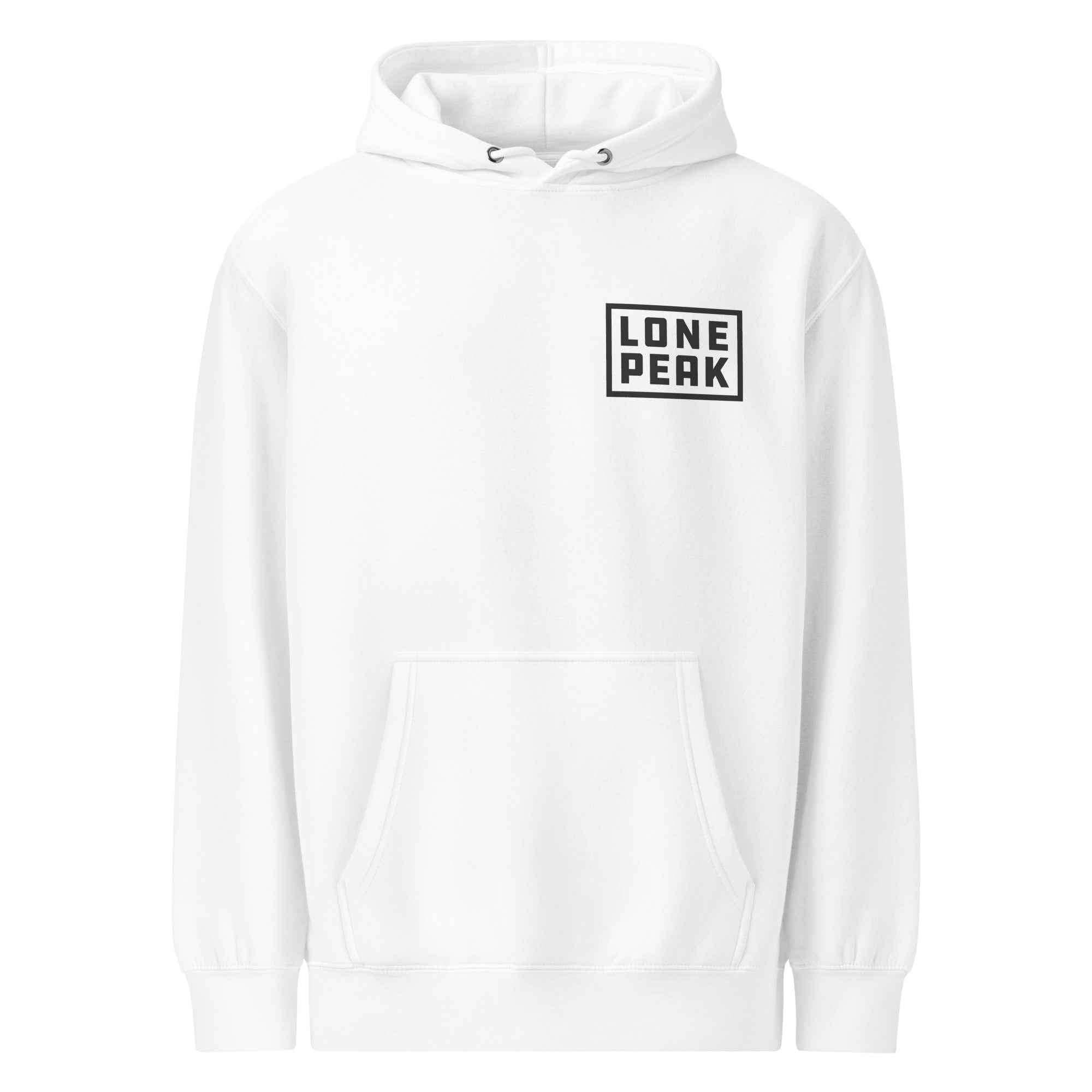 Premium Mid-Weight Hoodie (heather) front view — 80% cotton 20% recycled polyester
