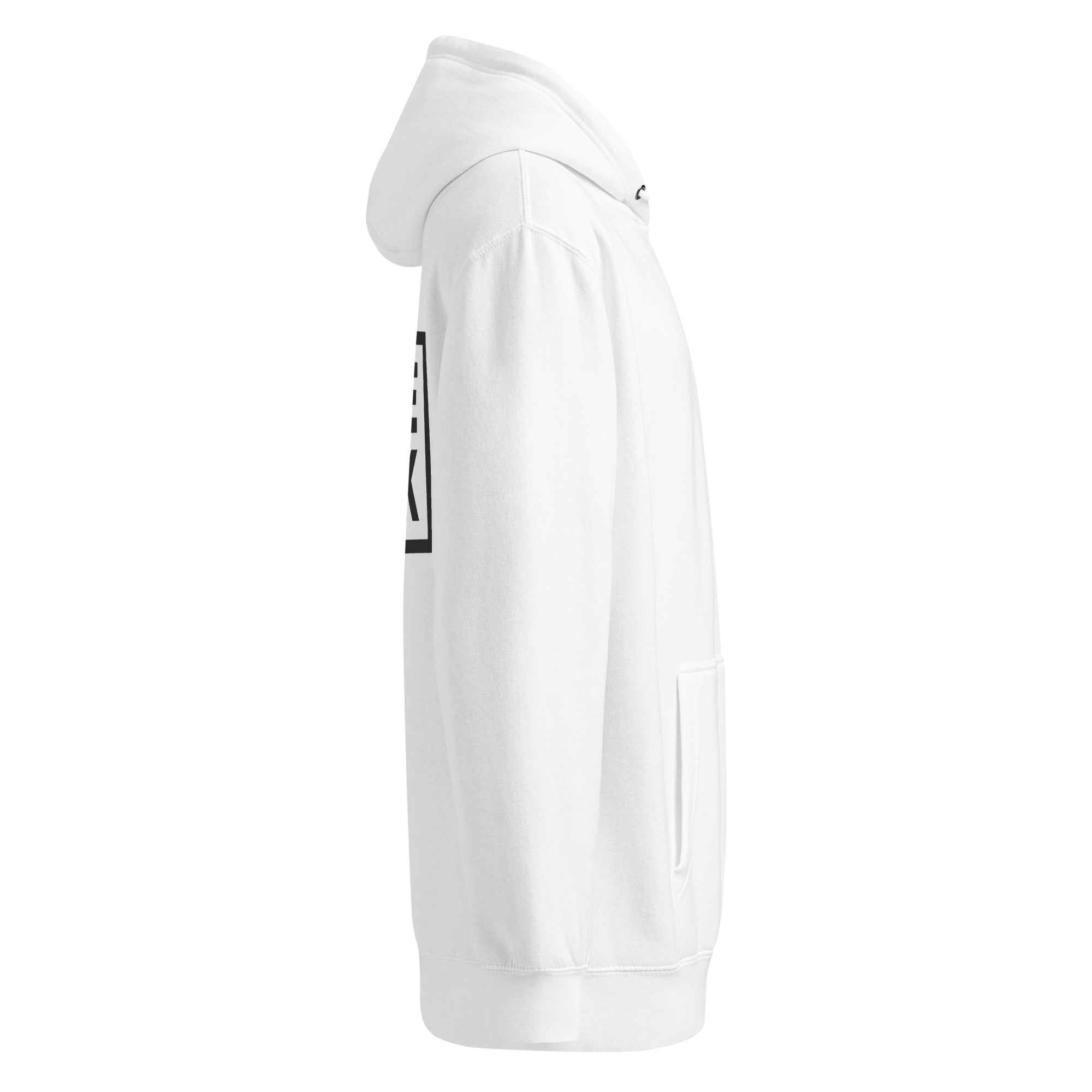 Premium Mid-Weight Hoodie (heather) — side angle; kangaroo pocket