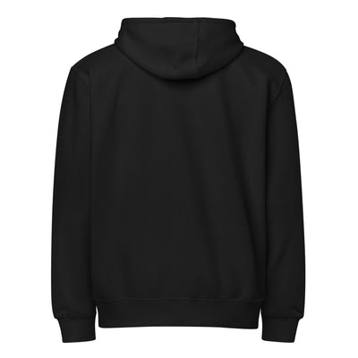 Premium Full-Zip Hoodie rear view — 80% cotton 20% recycled polyester