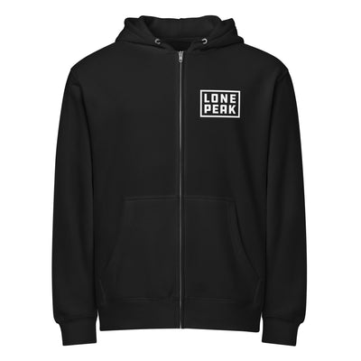 Premium Full-Zip Hoodie — Lone Peak Overland branded merch in black; 80% cotton 20% recycled polyester