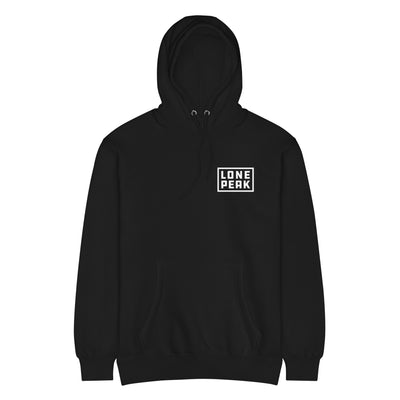 Premium Mid-Weight Hoodie — Lone Peak Overland branded merch in black or navy; 80% cotton 20% recycled polyester