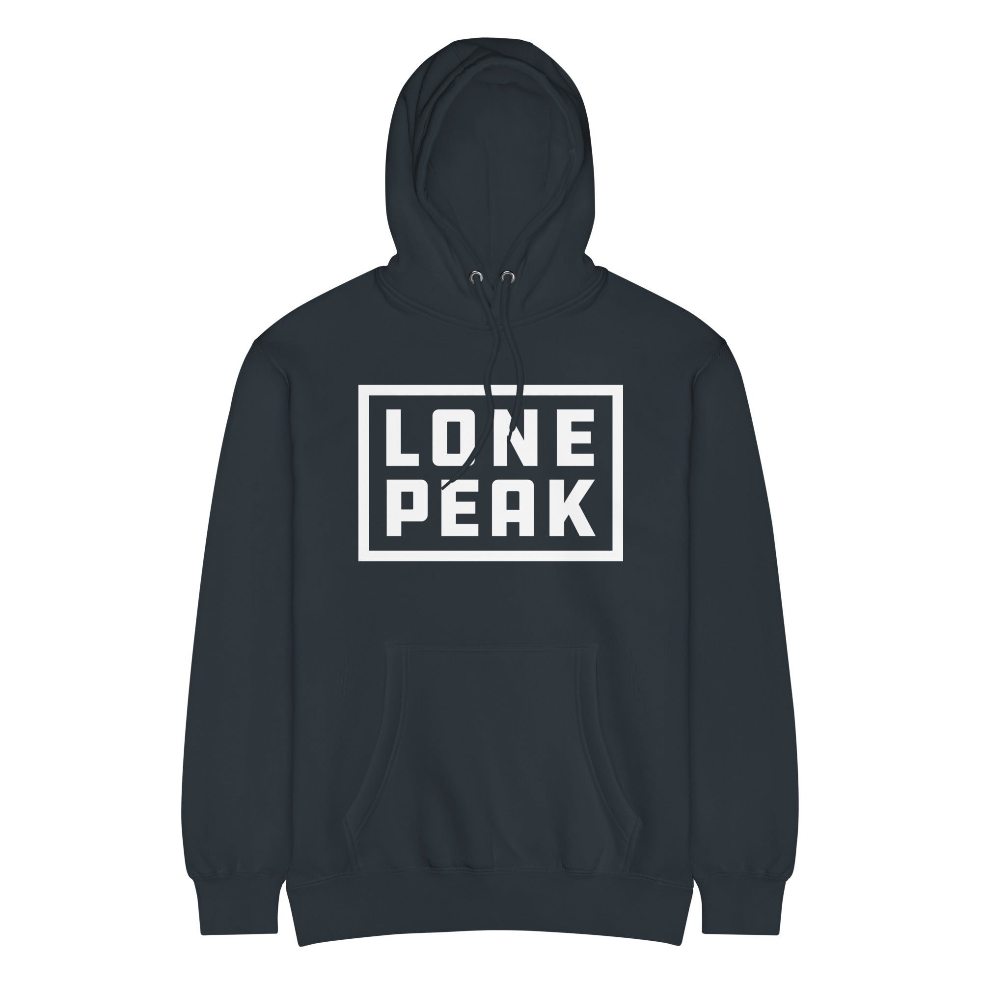 Premium Mid-Weight Hoodie (black/navy) front view — 80% cotton 20% recycled polyester
