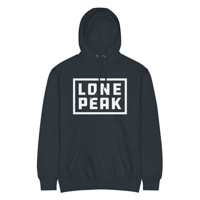 Premium Mid-Weight Hoodie (black/navy) front view — 80% cotton 20% recycled polyester